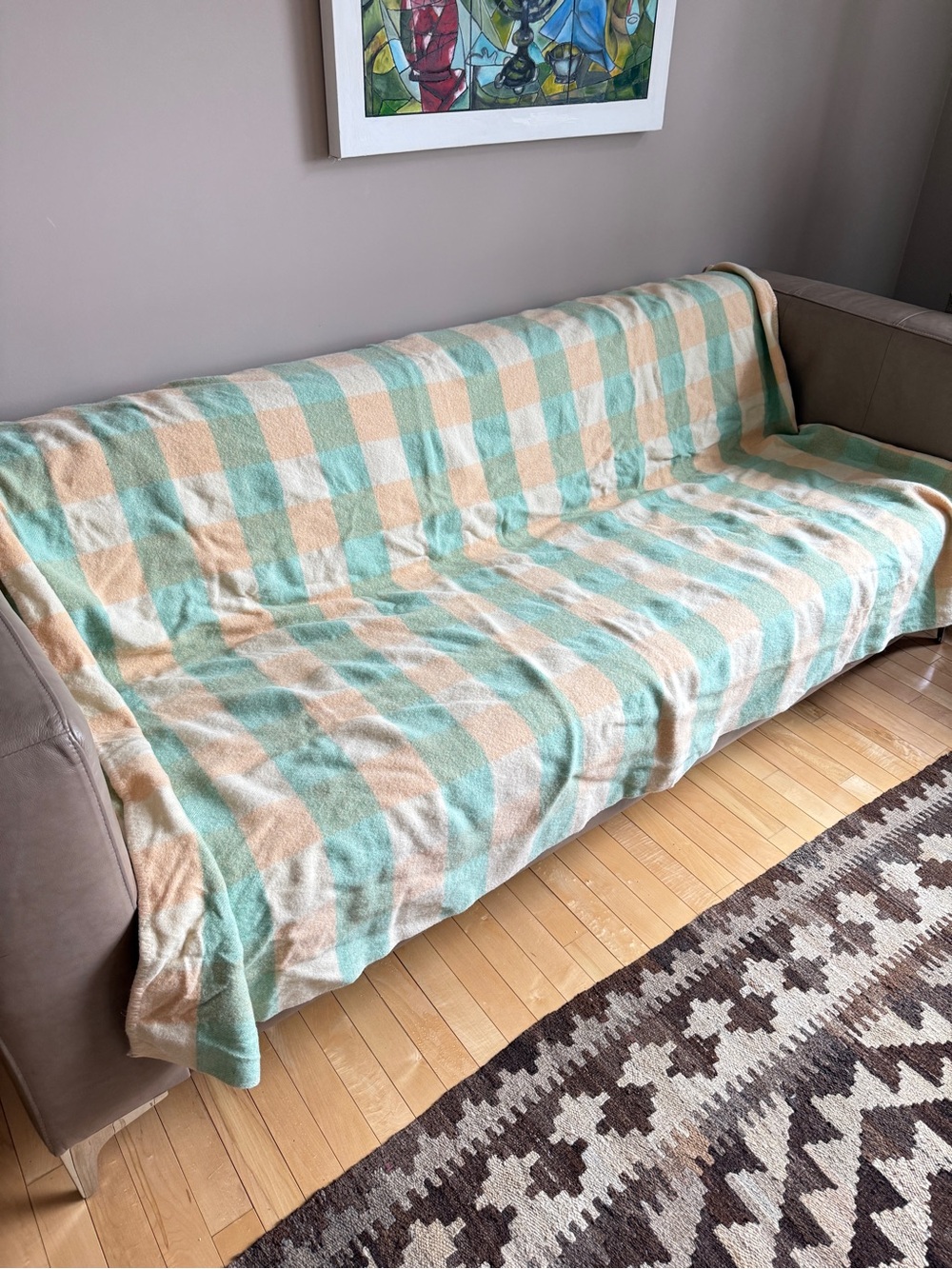 Vintage 100% Wool Yellow Green Gingham Blanket Bedspread Camping Cozy 79 x 62